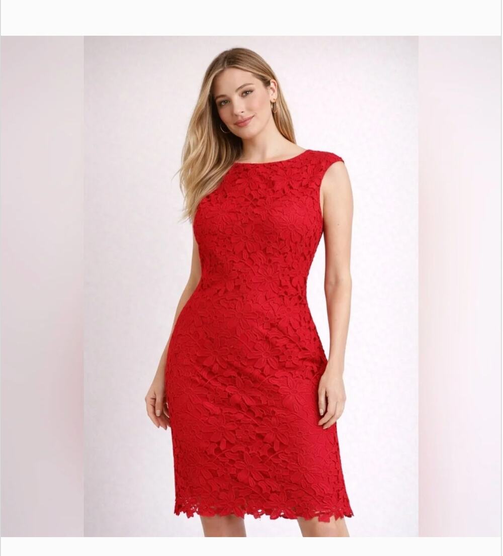 Ralph Lauren Lace Sheath Dress 8 Red Glam Cocktail Formal Wedding Shower